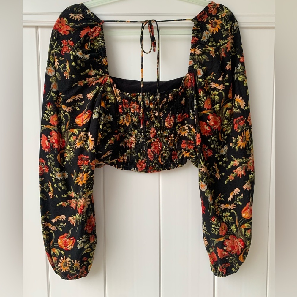 Urban Outfitters Square Neck Long Sleeve Off Shoulder Floral Open Back Black L - Picture 7 of 9